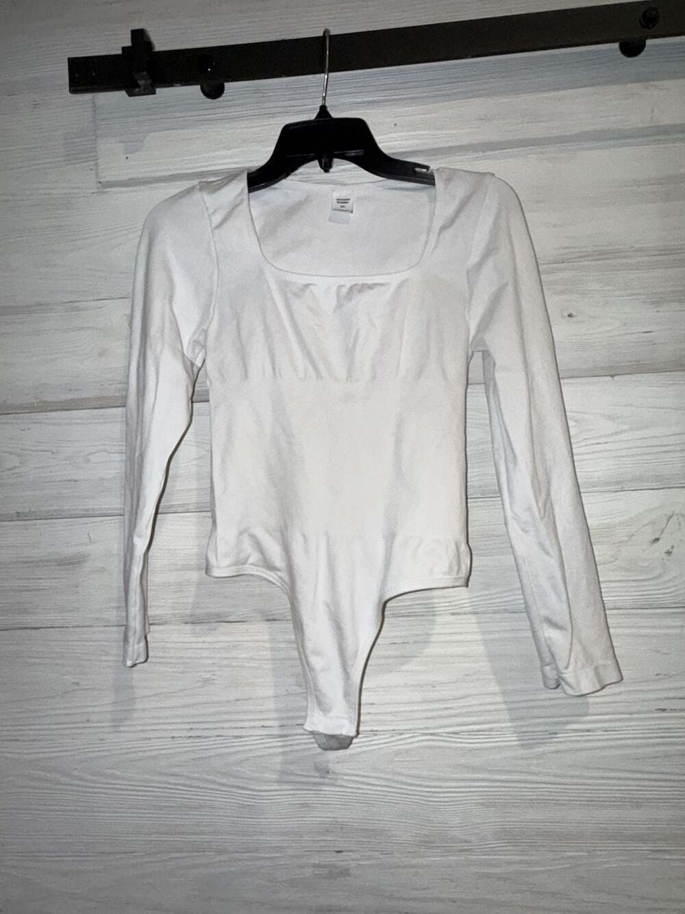 Square Neck Long Sleeve Thong Bodysuit White XXL (b83)
